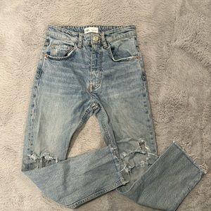 zara height waist straight leg distressed jeans